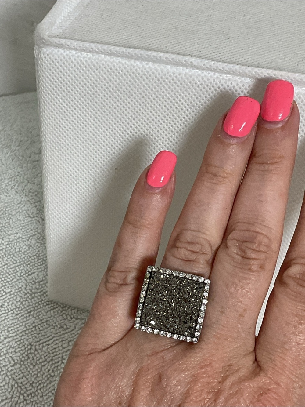 Colleen Lopez Silver Tone Square Charcoal Druzy Mosaic Pavé Statement Ring Sz 8